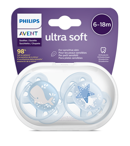 Philips Avent Ultra Soft Ортодонтична залъгалка с кутийка 6-18М, 2 бр.