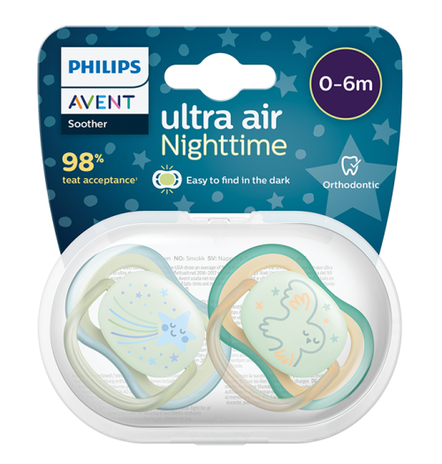 Philips Avent Ultra Air Nighttime, Силиконови ортодонтични залъгалки Star 0-6 месеца, 2 бр.