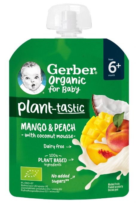 Био пауч манго и праскова с кокосов мус Nestlé GERBER Organic - 6+ месеца, 80 гр.