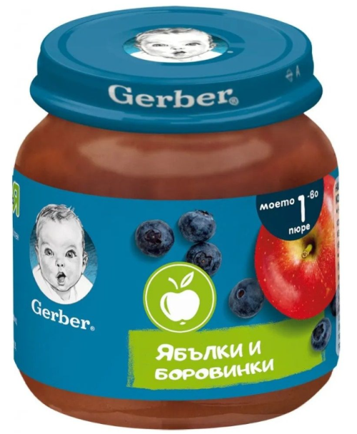 Пюре ябълки и боровинки Nestlé Gerber - Моето първо пюре, 6+ месеца, 125 гр. 