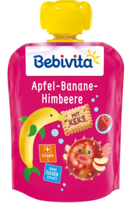 Плодова закуска ябълка, банан и малини с бисквити Bebivita - 12+ месеца, 90 гр.