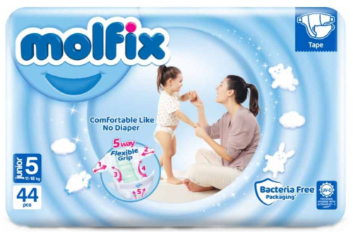 Бебешки пелени Molfix - Junior 5, 11-18 кг., 44 броя + подарък мокри кърпи