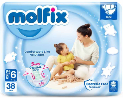 Бебешки пелени Molfix - Extra Large 6, 15+ кг., 38 броя + подарък мокри кърпи