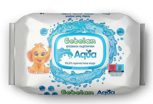 Бебешки мокри кърпи Bebelan Aqua 99.6% вода, 64 бр.