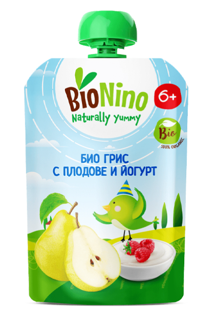 Био пауч плодова закуска  грис с плодове и йогурт BioNino - 6+ месеца, 90 гр.