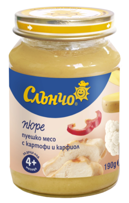 Пюре пуешко месо с картофи и карфиол Слънчо - 4+ месеца, 190 гр.