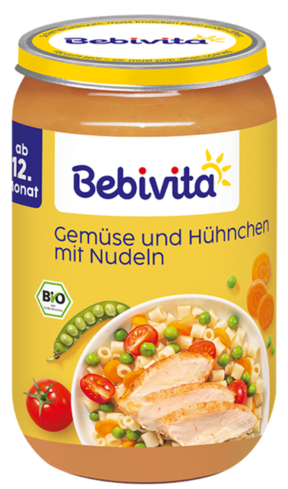 Пюре Био зеленчуци, спагети и пилешко месо Bebivita - 12+ месеца, 250 гр.