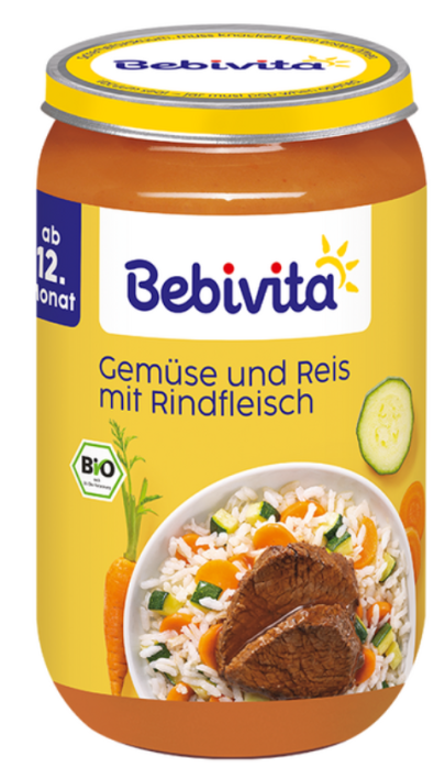 Пюре Био зеленчуци, ориз и телешко месо Bebivita - 12+ месеца, 250 гр.