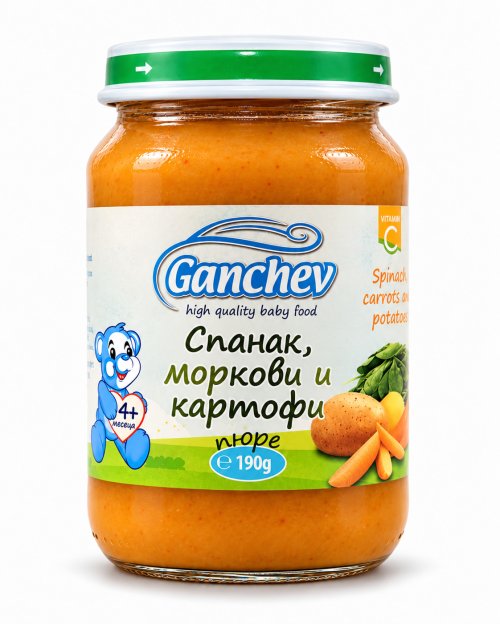 Пюре спанак с моркови и картофи Ганчев - 4+ месеца, 190 гр.