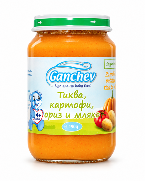 Пюре тиква, картофи с ориз и мляко Ганчев - 4+ месеца, 190 гр. 