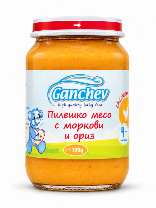 Пюре пилешко месо с моркови и ориз Ганчев - 4+ месеца, 190 гр.