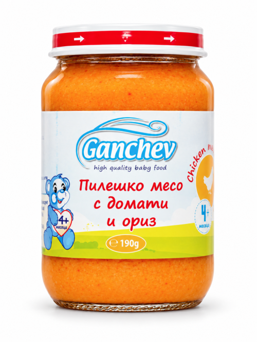 Пюре пилешко месо с домати и ориз Ганчев - 4+ месеца, 190 гр.
