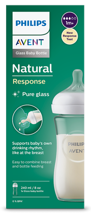 Бебешка стъклена бутилка Philips Avent Natural Response 240 мл. с биберон Flow 3, 1+ месеца SCY933/01