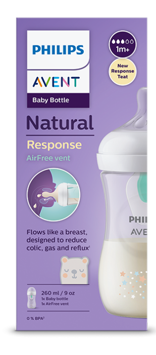 Бебешка бутилка Natural Response Philips Avent с клапа Airfree  260 мл. с биберон Flow 3, 1+ месеца SCY673/82